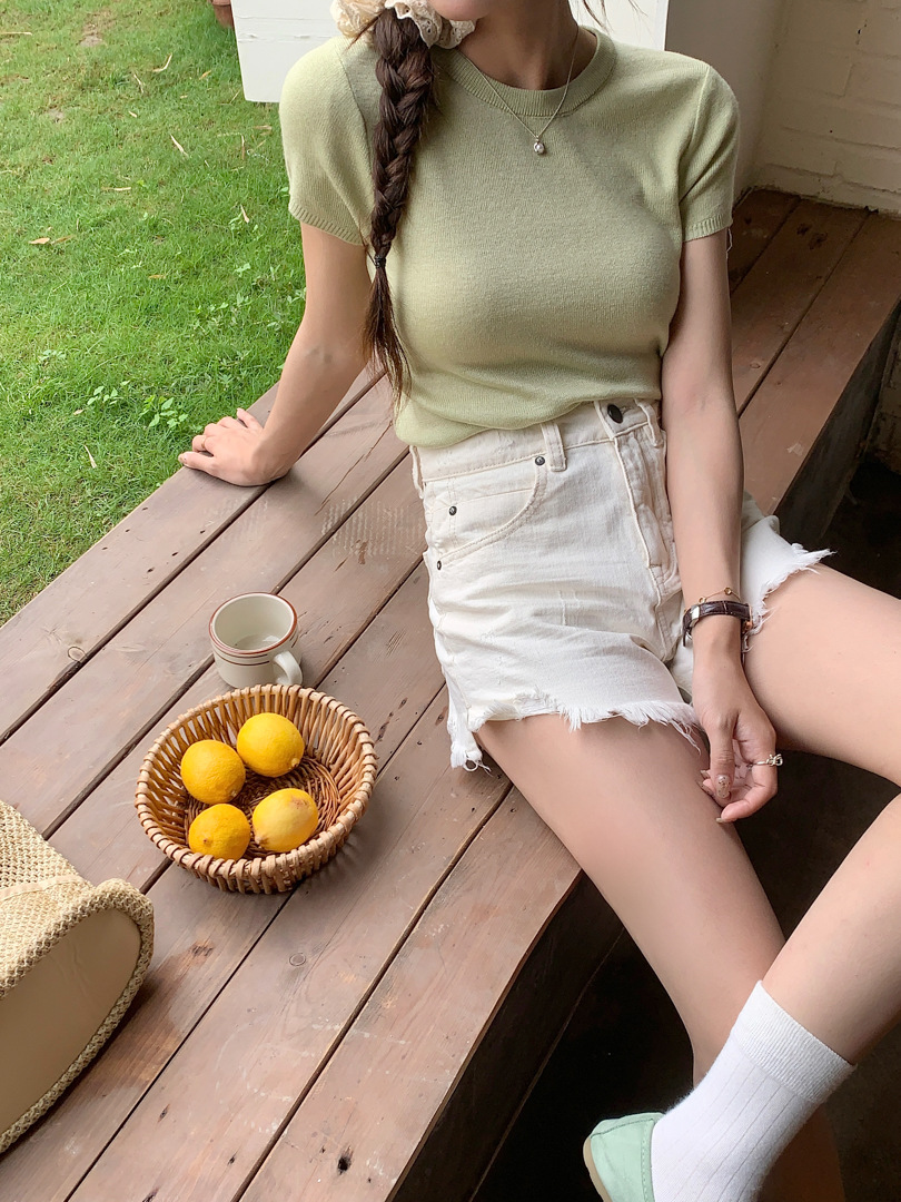 GAGD Spice Girl's Hole-ripped Retro Denim Shorts High Waist A- line Slim Look Denim Shorts Women's Summer Hot Pants