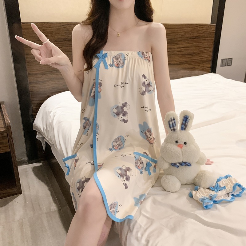 2026 Summer New Style Pure Cotton-Like Cartoon Puppy Thin Women's Bathrobe Bath Towel Tube Top Sexy Bath Skirt Short Style