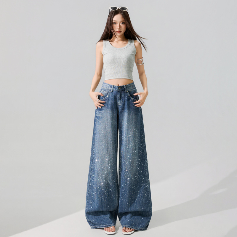High-Waisted Jeans with Street-Style Sparkling Stars, Rhinestone Embellishments, Slub Texture, Straight-Leg Wide-Leg Pants for Women