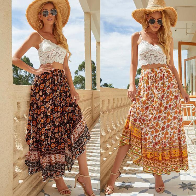 Summer New Cross-Border Women's Skirt Amazon Independent Station Women's High Waist Printed Buttoned Slit Skirt
