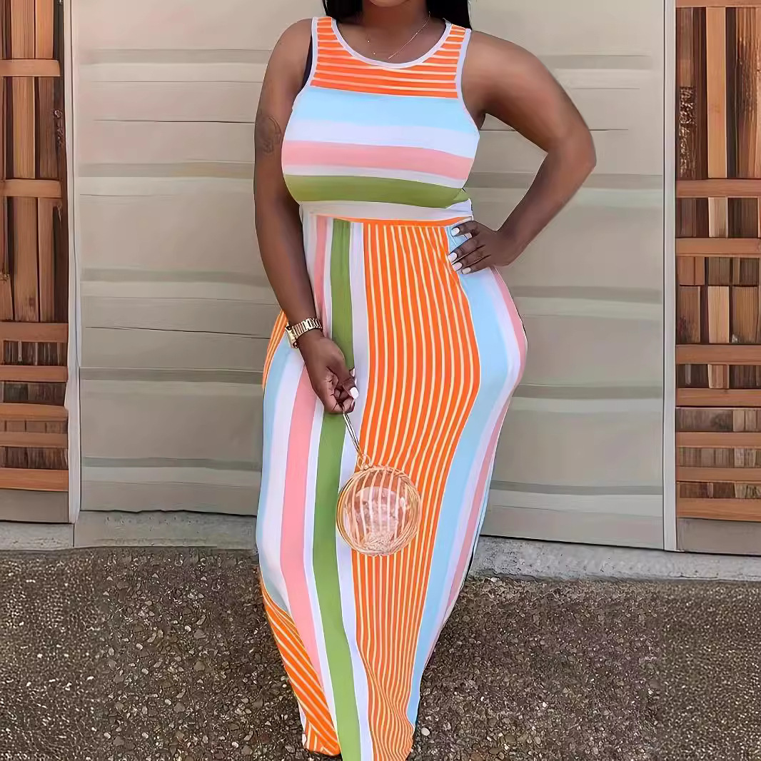 2024 cross-border Europe and the United States wish Amazon explosion round neck striped fashion printing street sexy dress