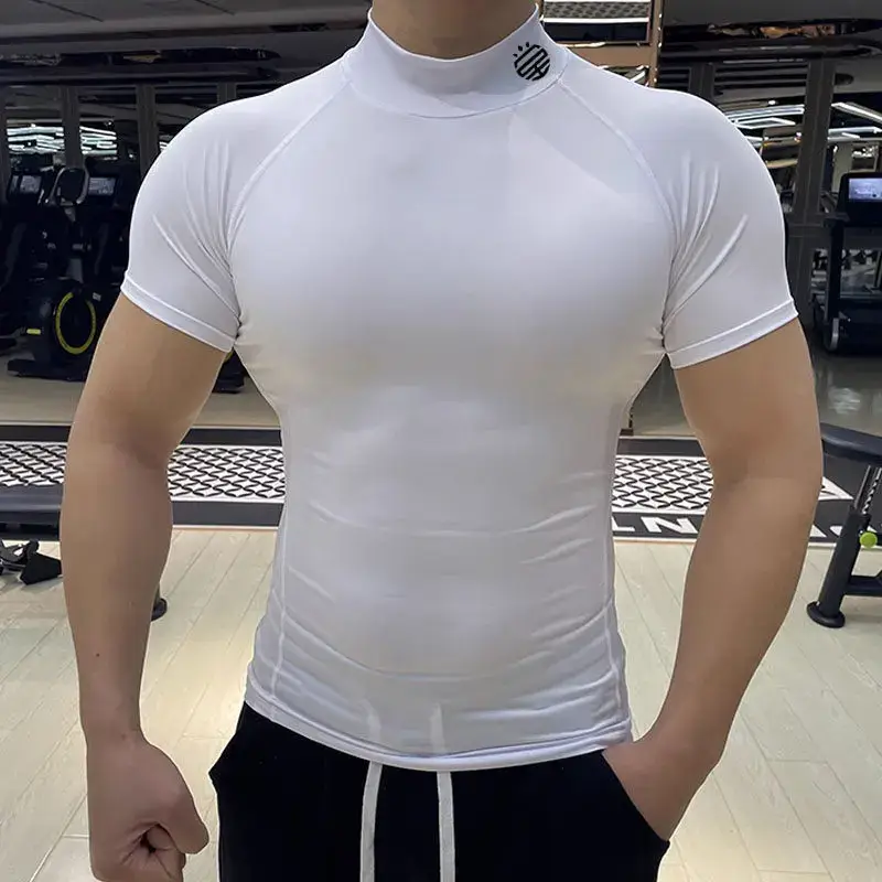 Men's Sports Compression Shirt, High-Neck Short-Sleeve Base Layer for Basketball Training, High-Elastic Compression Wear, Quick-Dry Running and Weightlifting Fitness Clothing