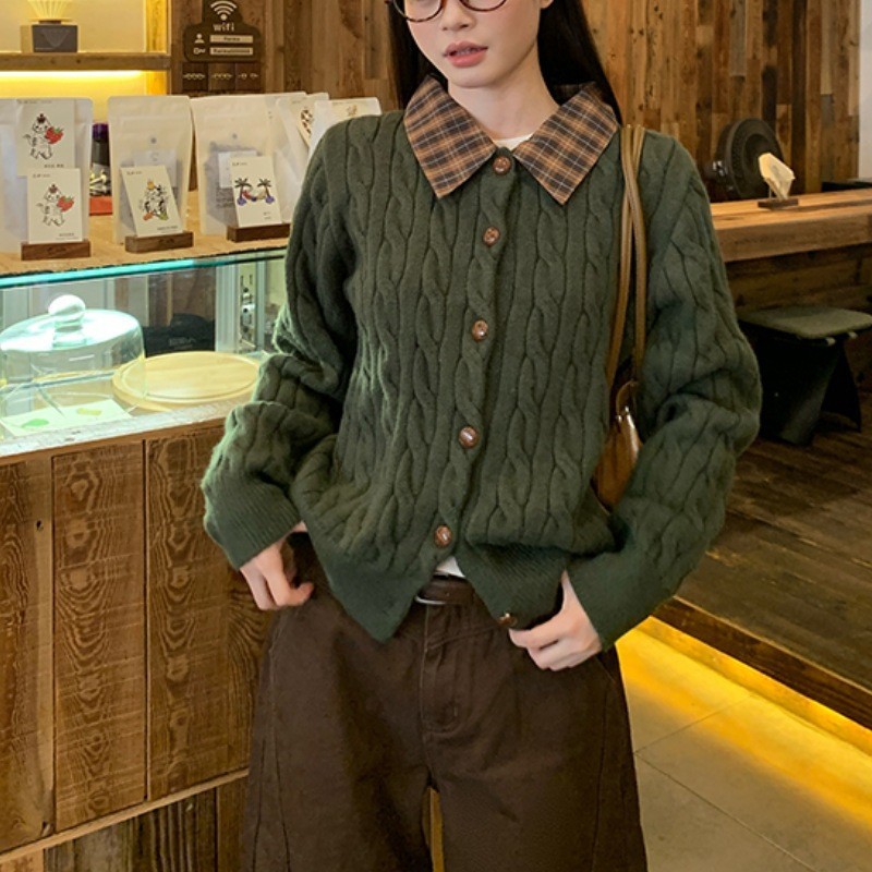 2025 Autumn/Winter New Style Faux Two-Piece Sweater Jacket Korean Version Gentle Pink Cable Knit Patchwork Shirt Collar Women's Cardigan