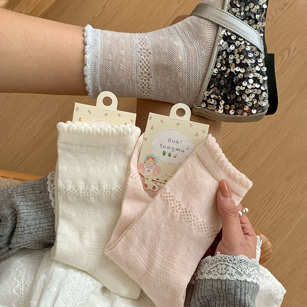 Songmu Snowflake Polka Dot Mesh Socks Women's Mid-Calf Socks Spring and Summer Lace Ruffle Cotton Socks Korean Style Ins