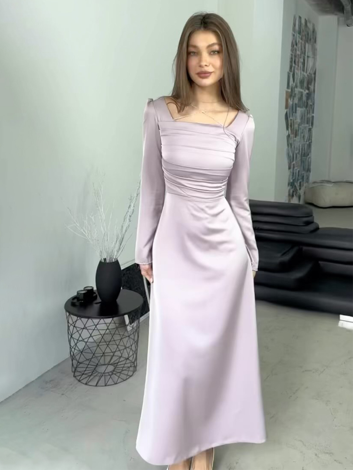 Amazon European and American Cross-Border 2026 Spring New Slim-Fit Rhinestone-Embellished Tie Long-Sleeve Satin Slim-Fit Dress for Women