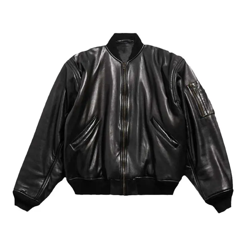 Trendmaybe"Bomber" Goatskin Baseball Jacket Leather Bomber Leather Jacket Quilted Loose Outwear
