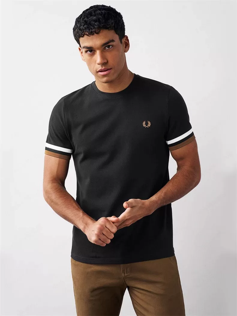 Foreign Trade Surplus Uk Fred Perry Men's Pure Cotton T-Shirt Slim Fit Short Sleeve Embroidered Stripes Black and White QC photo from TAOBAO on Qualit.ly