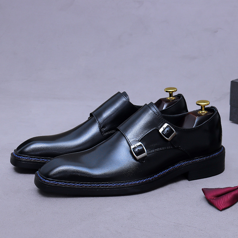 Men's Buckle Cowhide Genuine Leather Business Large Size Leather Shoes Formal Office Leather Shoes British Style Fashion Rubber Shoes
