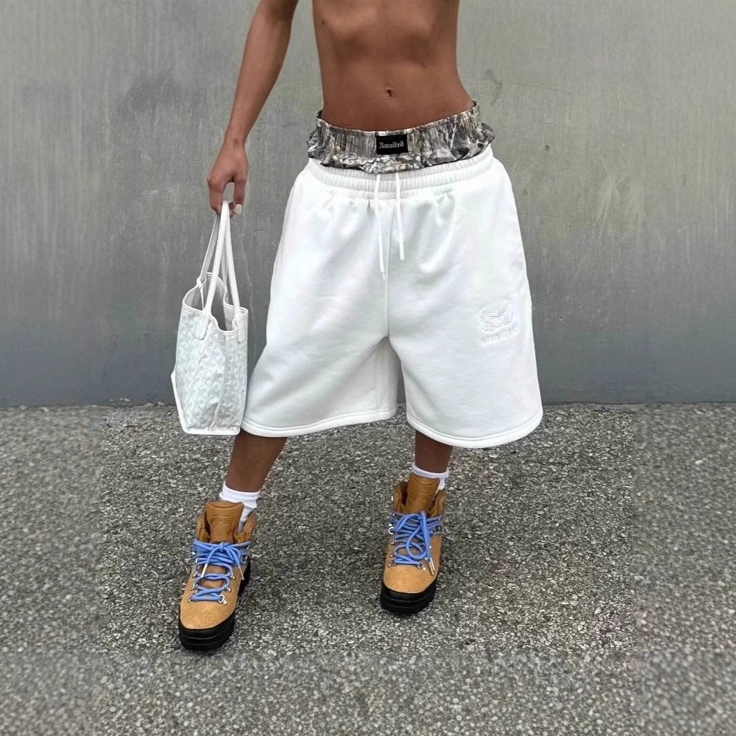 Summer Shorts American Retro Double Waistband Shorts Men's Loose Fashion High Street Casual Short Sweatpants