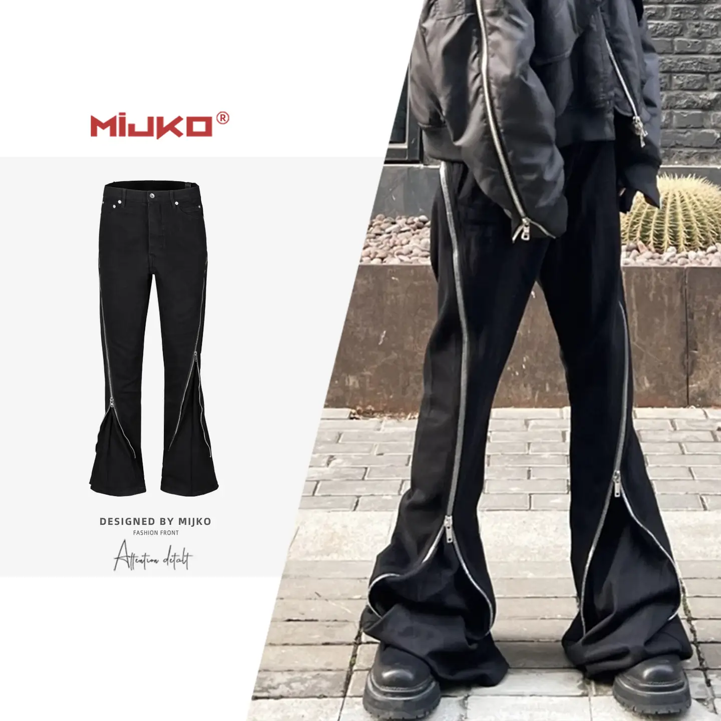 Mijko Men's Women's Autumn and Winter Unisex Vibe Wide Leg Drape Trousers Trendy Spiral Track Large Zipper Jeans