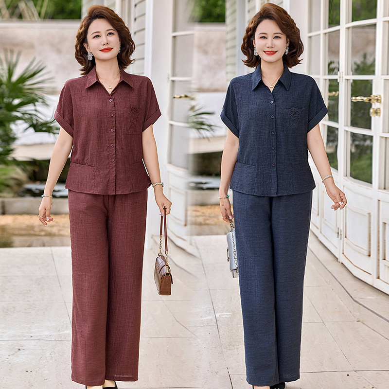 Summer Fashionable and Stylish Blouse Set for Middle-Aged and Elderly Mothers, Women's Loose-Fitting Slimming Short-Sleeved Loose Shirt Two-Piece Set