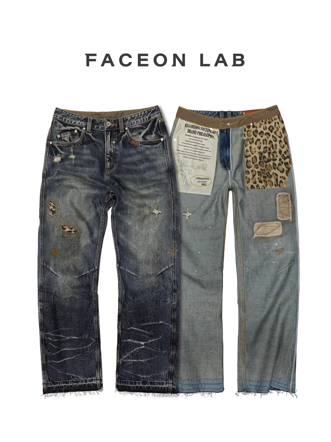 [Same Style as Hou Minghao] Faceonlab Designer Retro Washed Distressed Street Style Unisex Jeans