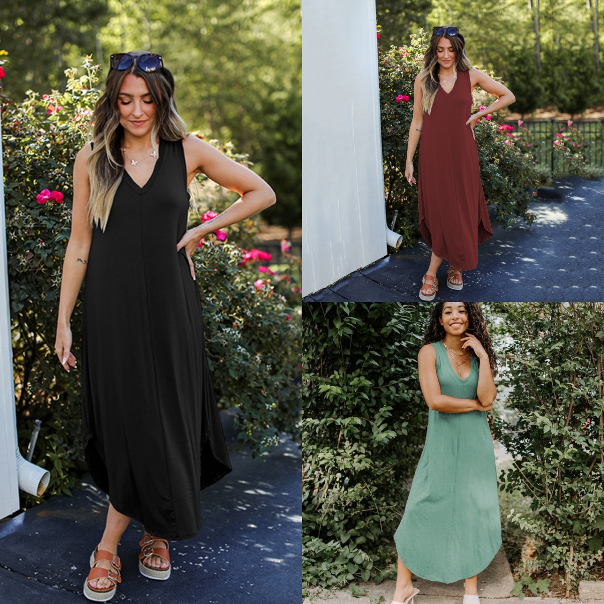 2024 Summer Cross-border Large Swing Dress New Solid Color Vest Casual dress V-neck Sleeveless Large Swing Dress Women