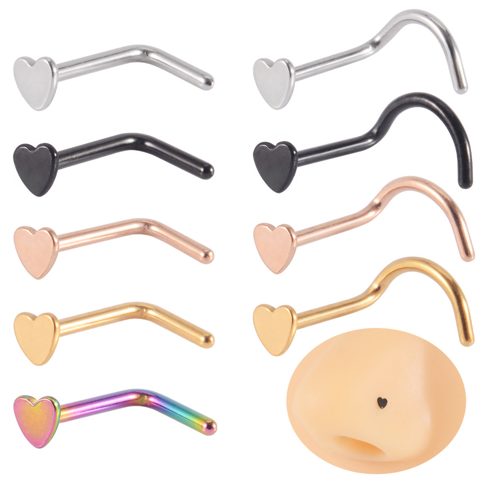 European and American Stainless Steel Heart-Shaped Nose Nails, Curved Rod, S-Shaped Electric Colorful Nose Ring, Cross-Border Heart Piercing, L-Shaped Mini Nose Ornaments