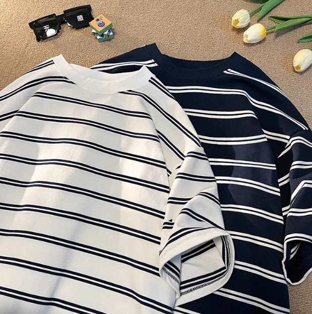 Customized Spanish-Style Short-Sleeve T-Shirt with Stripes, Casual Home Wear, Pure Cotton, Available for Sample Customization