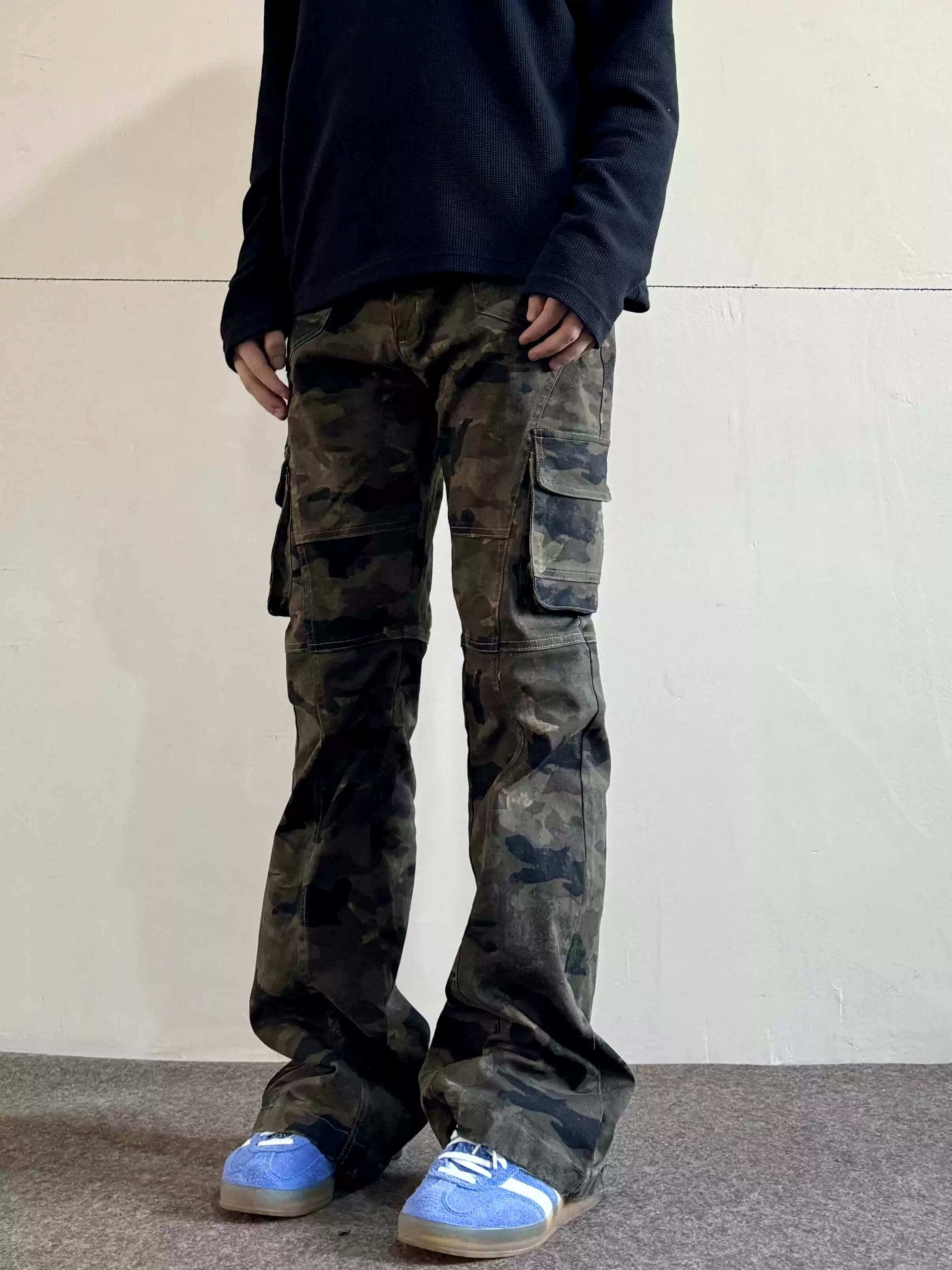 American retro camouflage multi pocket slim fit work pants for men and women hip-hop trend Vibe straight tube slimming and slightly flared casual pants