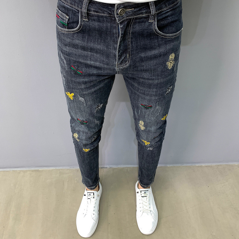 Mid-Waist Japanese-Style Zipper Summer Youth Regular Trendy Autumn New Bee Embroidery Denim Pants for Boys