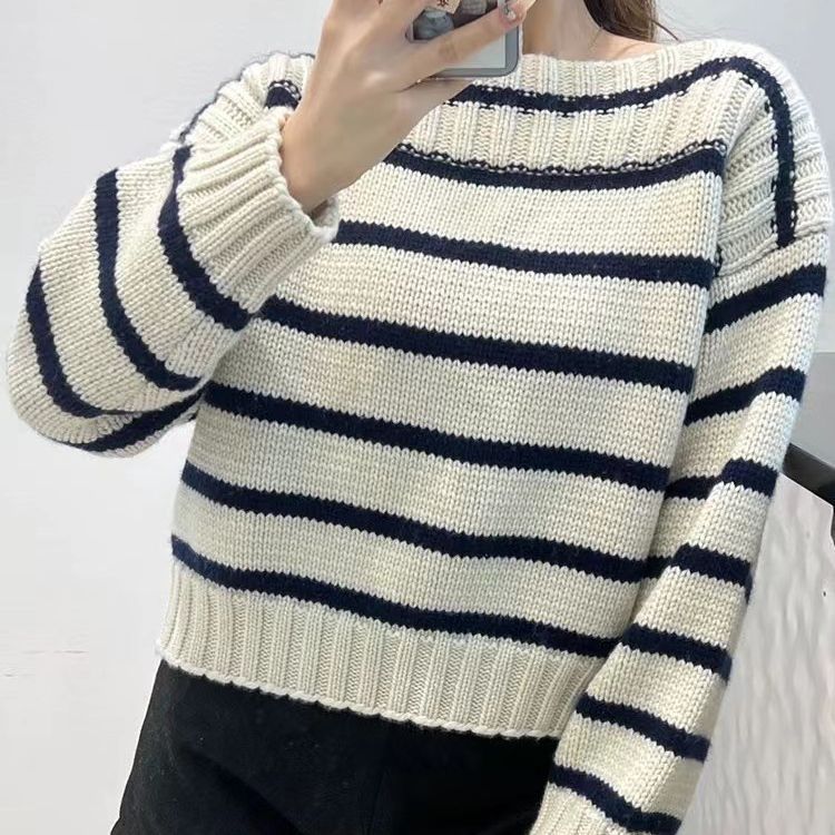 Off-Shoulder Short Knit Catnip Autumn and Winter New Striped Women's Pullover Sweater Lazy Style Fashion Versatile