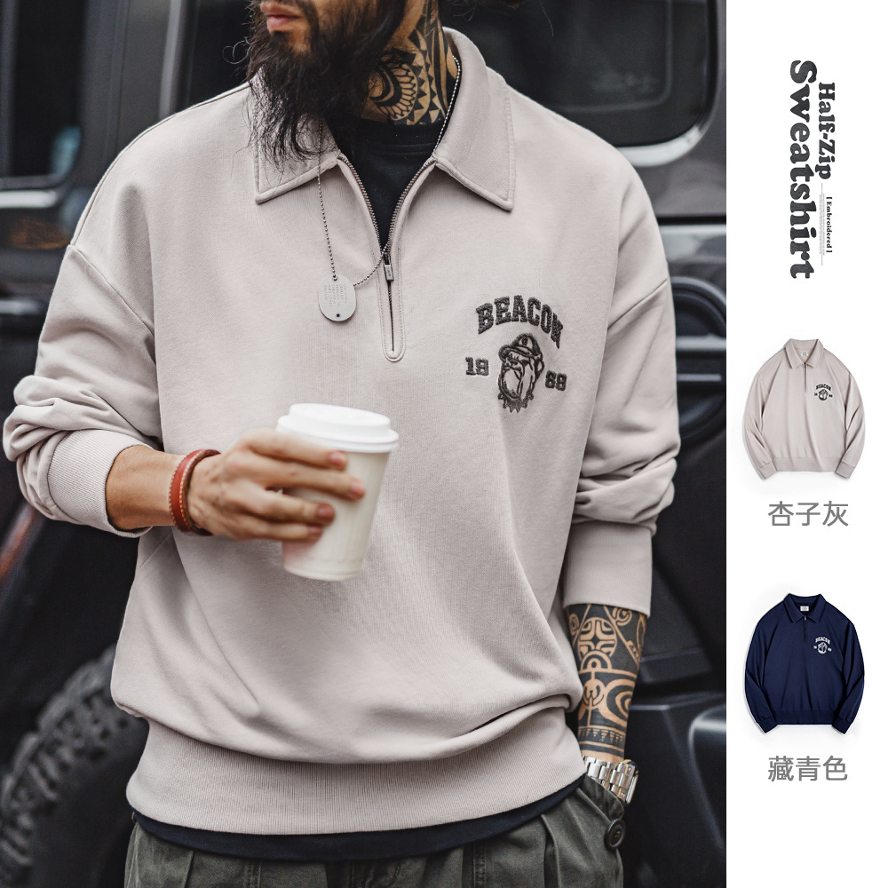 Madden Workwear American Retro Three-Dimensional Embroidery Half-Zip Sweatshirt Casual Turn-Down Collar Pullover Polo Shirt Men's Spring Top