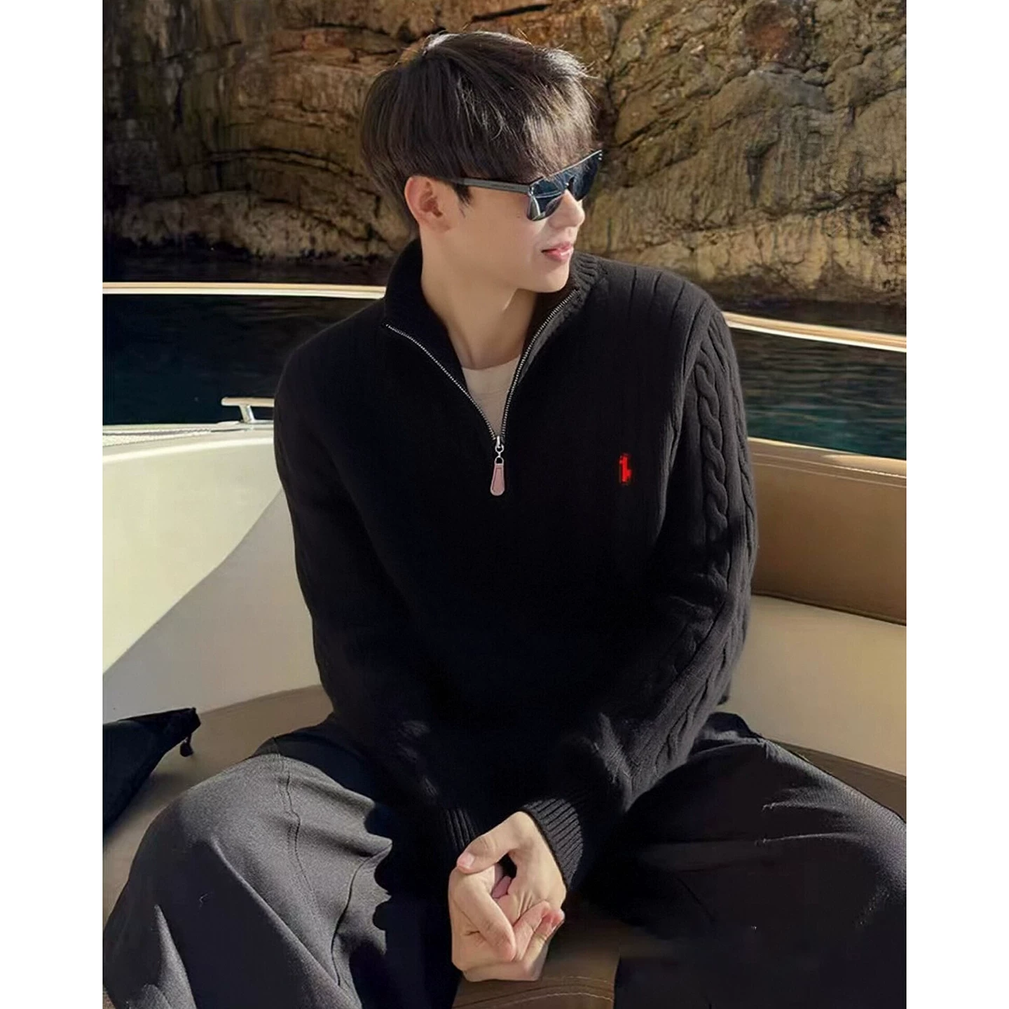 Black half chain linen pattern sweater for men's winter polo knitwear American ruffian can wear a bottoming shirt