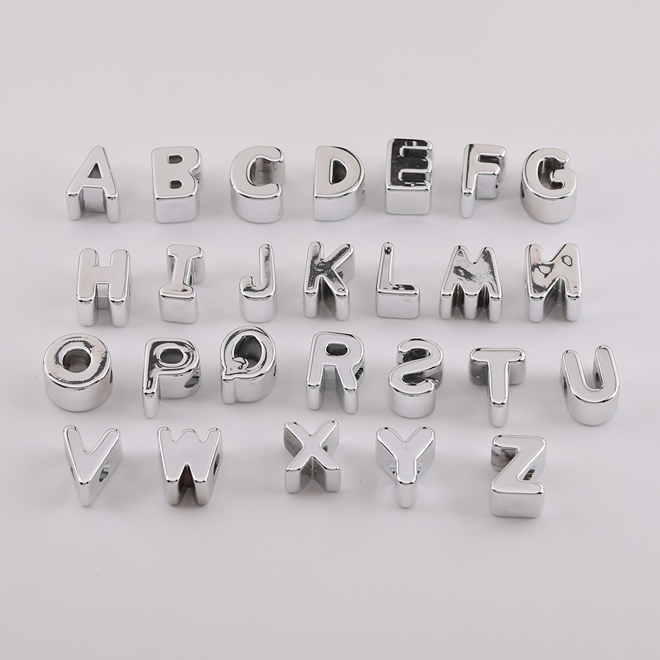 Glossy Silver 26 English Letters Large Hole Beads DIY Handmade Mobile Phone Chain Beaded Jewelry Material Small Accessories