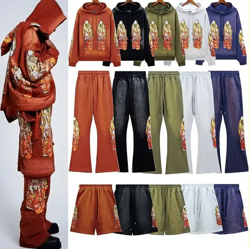 American-style Who Decides War High Street Fashion Brand Flame Retro Hooded Sweatshirt Washed Old T-shirt Shorts Men