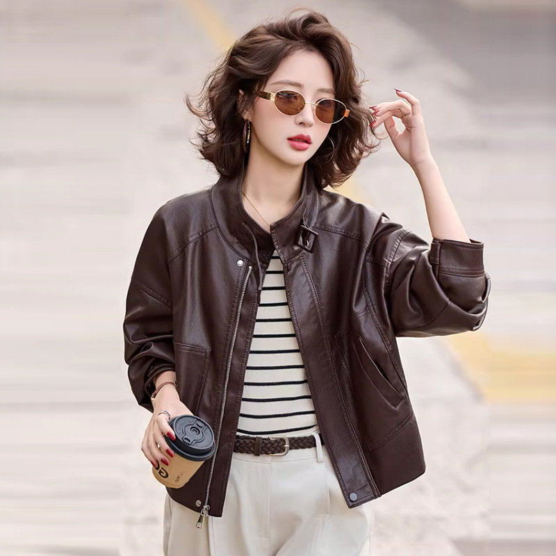 Stand Collar Leather Jacket for Women, Short Style, 2026 New Model, Spring and Autumn, Cool and Stylish, Retro Casual Pu Leather Biker Jacket