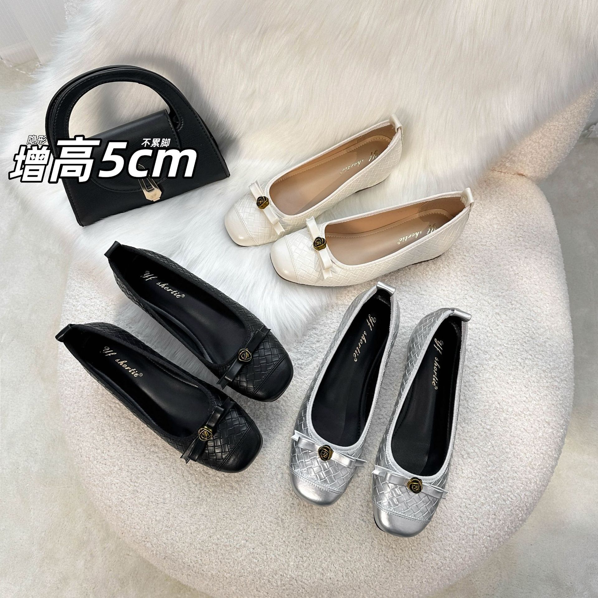 5cm Height-Increasing Patchwork Diamond-Pattern Soft-Soled Evening Shoes for Women, 2026 New Model, Elegant Camellia Flower Bow Ballet Shoes