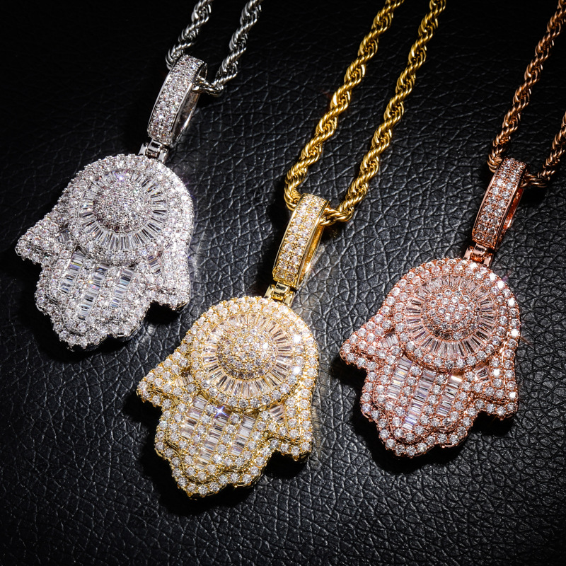 European and American Cross-Border Retro Hand of Fatima Pendant Men's Trendy Full Zircon Hip-Hop Personalized Necklace Jewelry Wholesale