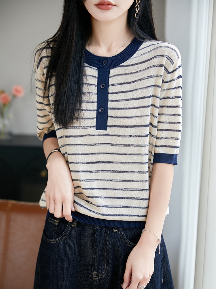French-Style Color-Block Striped Henley Collar Short-Sleeve T-Shirt for Women, Tencel Knit Top, New Summer Model, Simple and Versatile Women's Top