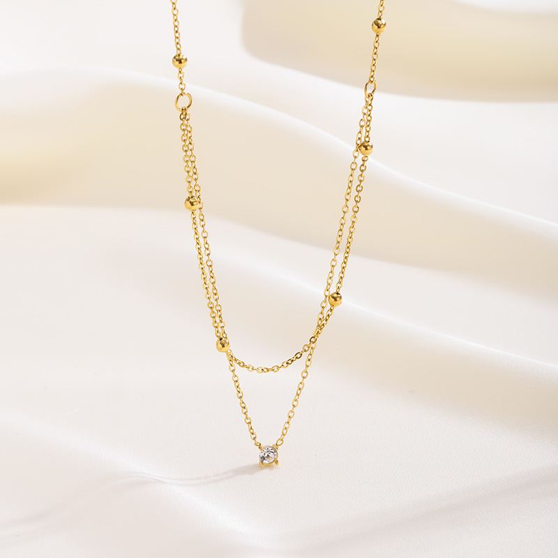 Elegant Entry Luxury Niche High-end Sense Stacked Wearing Gold Bead Clavicle Chain Necklace Exquisite Semi-double Layer Single Diamond Titanium Steel Necklace for Women