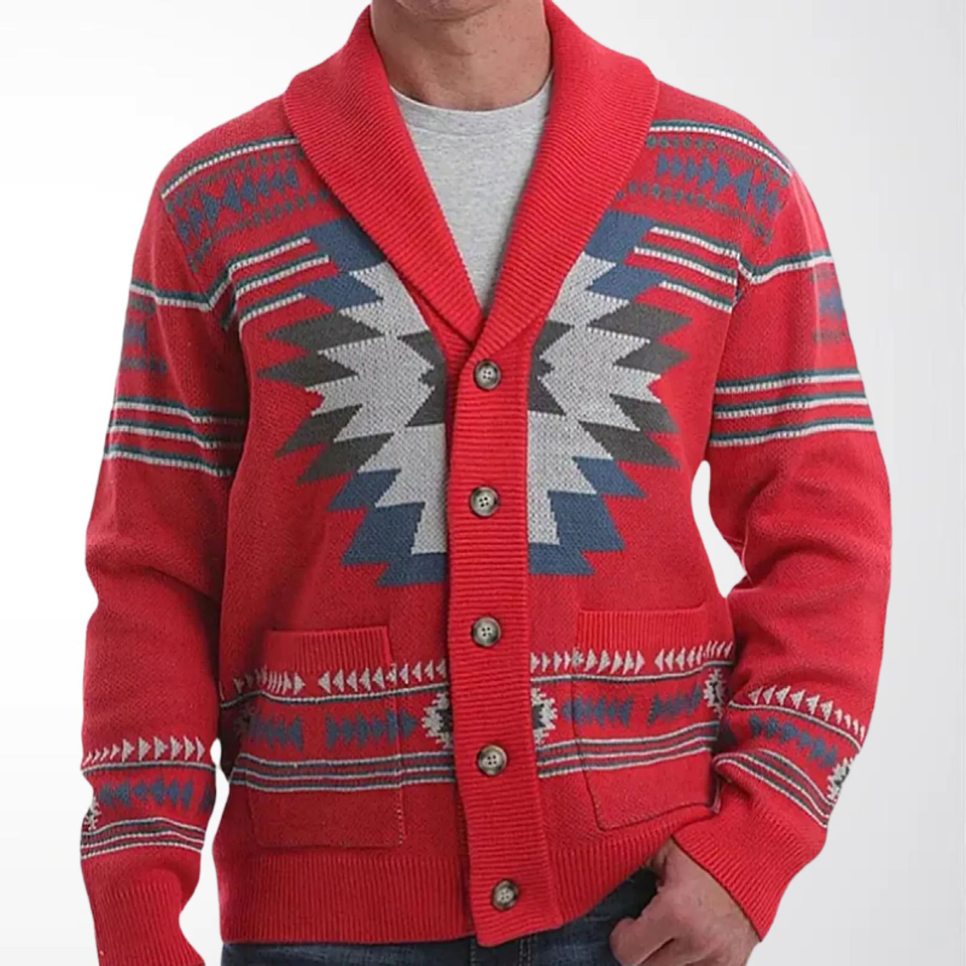 Autumn and Winter Retro Geometric Jacquard Knitted Cardigan for Men, Red Color, Green Fruit Collar, Loose Casual Sweater Wholesale for Men Sy0087