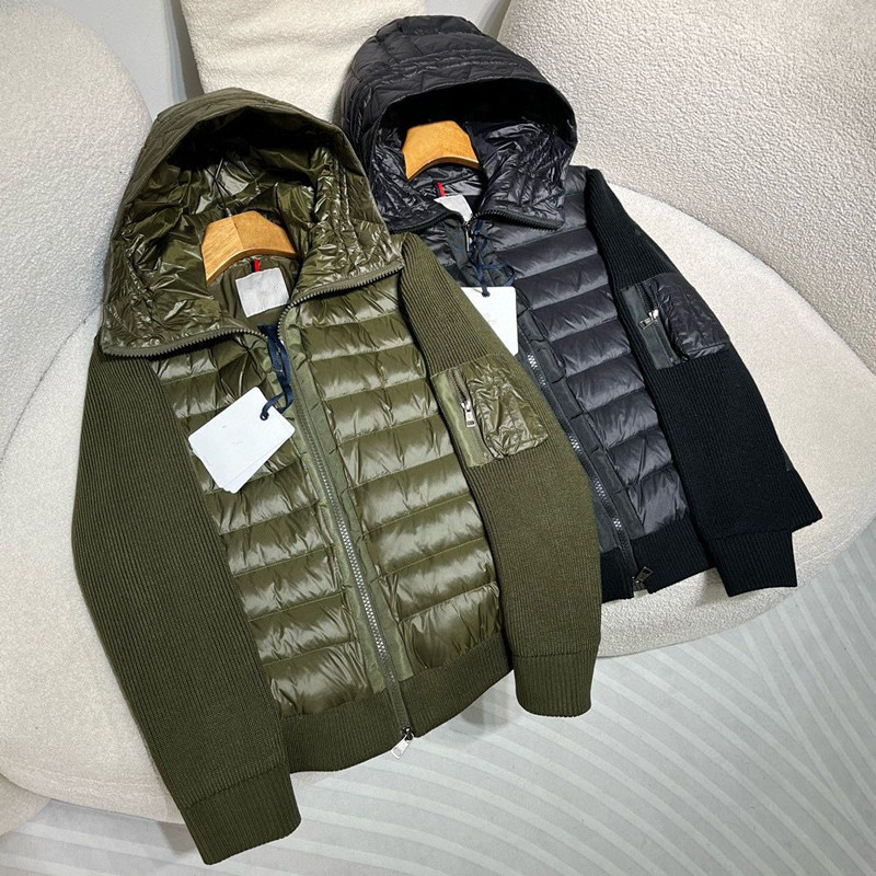 European 2024 New Hooded Down Jacket Men's Winter Fashion Stitching Knitted Sleeve Cardigan Outer Mongolian Short Top QC-foto från 1688 på Qualit.ly