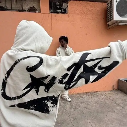 刺绣 半身破碎大印花连帽卫衣直筒长裤套装