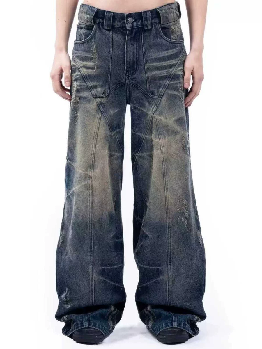 No/Faith Studios American Retro Stereo Cut Distressed Distressed Jeans Loose Straight Wide Leg Pants