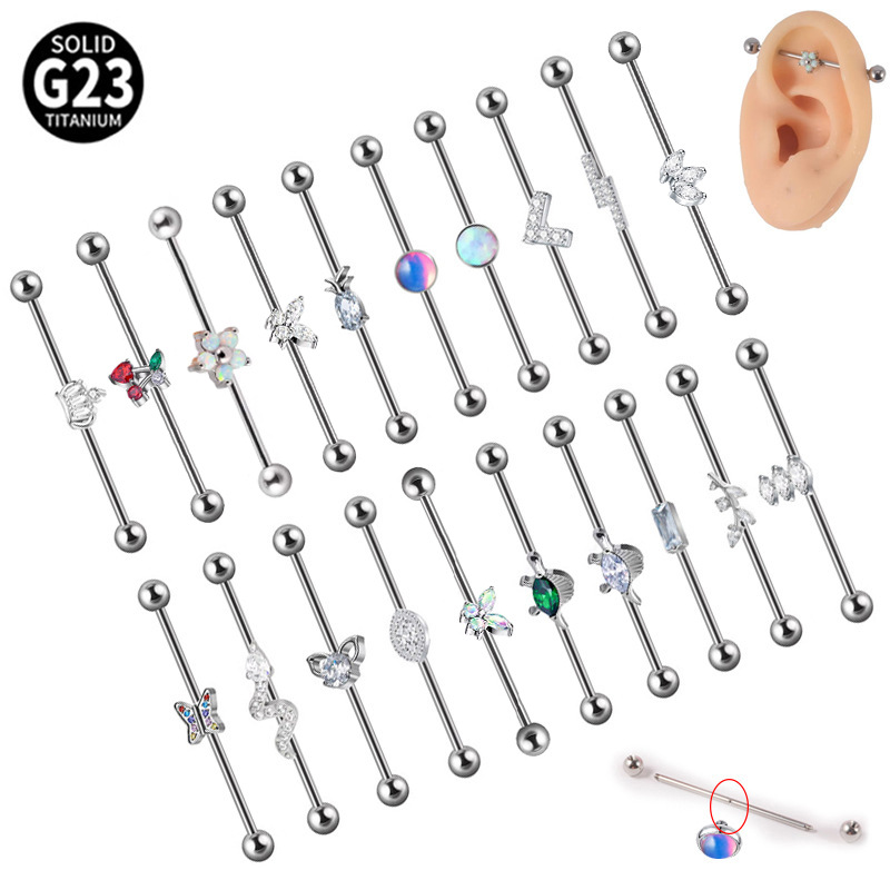F136 titanium alloy straight bar industrial barbell aubao flower piercing earrings double ear hole ear bridge butterfly long ear bone nail