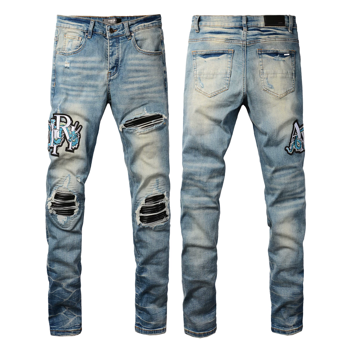 American high street new elastic distressed beggar tight fashion brand patchwork men's small leg pants denim pants patch