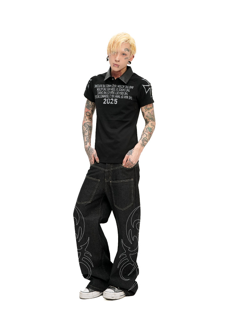Detw 25Ss*《20Era》Original Dark Slogan Patchwork Pu Leather Polo Shirt with Regular Shoulders, Slim Fit, Short Sleeve Tee