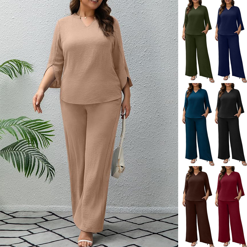 2026 Cross-Border European and American Amazon Fashion Casual Solid Color Two-Piece Set with Three-Quarter Short Sleeves and Straight Wide-Leg Pants Set