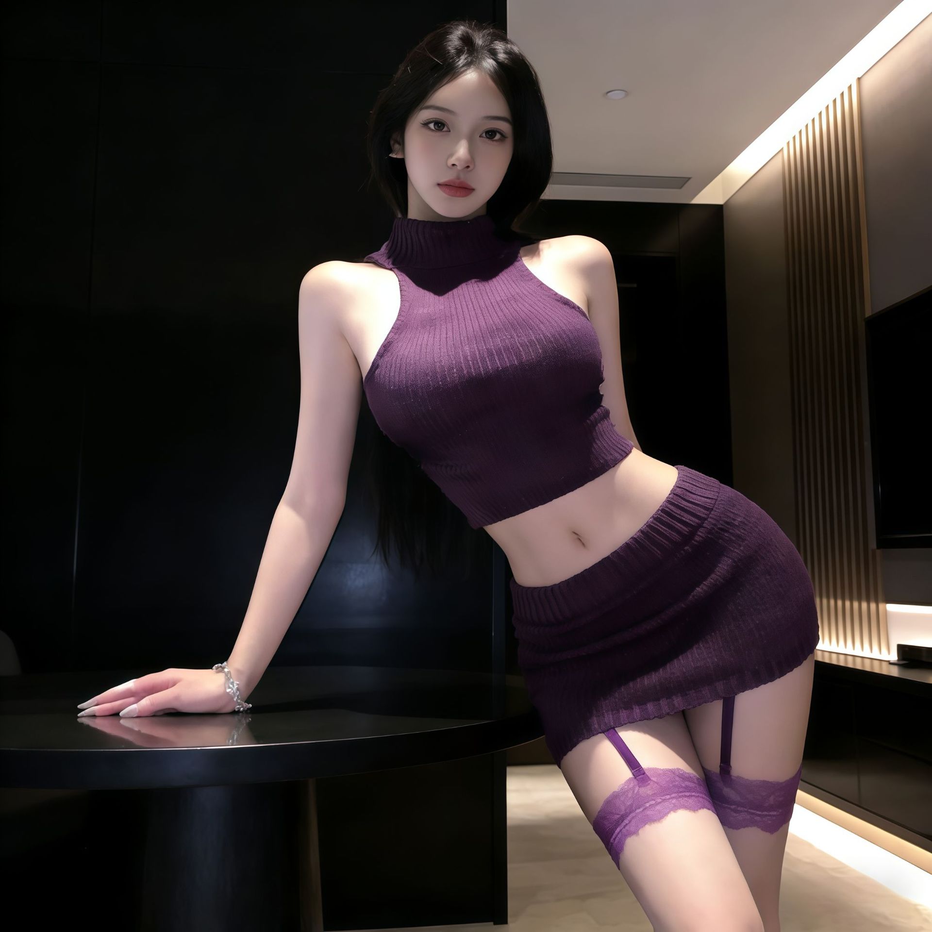 Shuoyao Erotic Lingerie Purple Pure Desire Halter Neck Set Hollow-Out Sexy Bodycon Dress Uniform Passionate No-Take-Off Outfit for Women 734