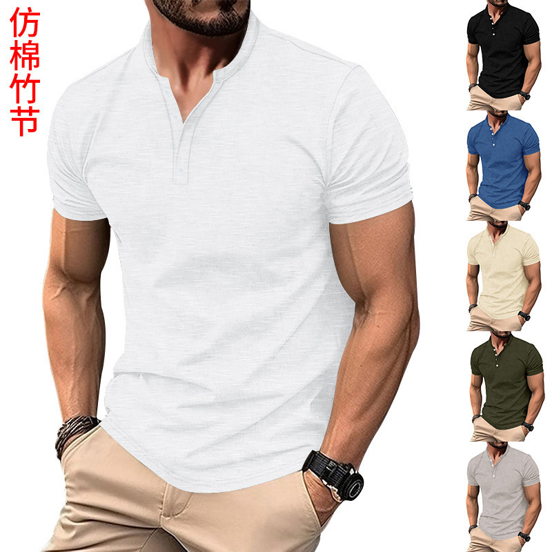 European and American Ins Cross-Border 2026 Retro Casual Imitation Bamboo Cotton Solid Color Short-Sleeved Men's Henry Polo Men's T-Shirt