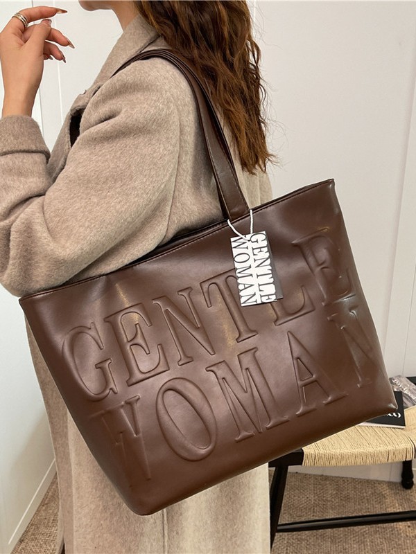 Thai Gentlewoman Letter Embossed Tote Bag for Women, Winter Vintage Dark Color Commuter Tote Shoulder Bag