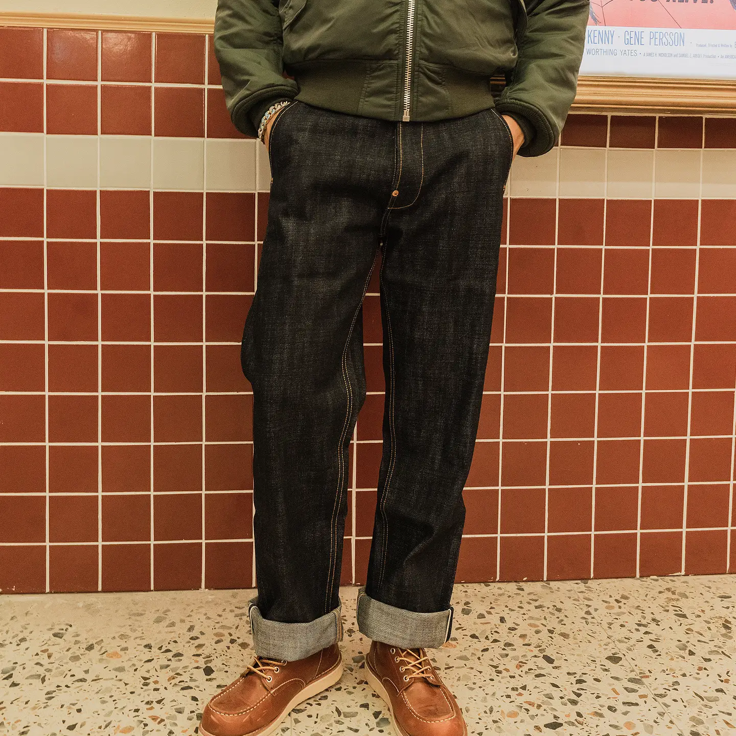 Red Wind Retro High-Waisted Wide-Leg Pants 18oz Heavy Selvedge Denim Amekaji Original Color Loose Straight-Leg Jeans