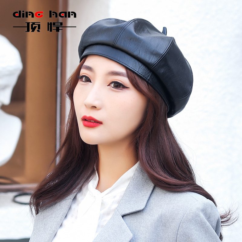 Autumn and Winter Fashion Women's Beret PU Leather Painter Octagonal Cap Spring British Style Pure Color Elegant Hat Women