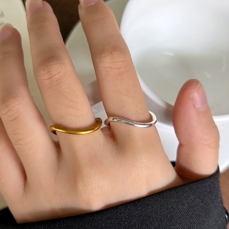 Lanzhi Japanese and Korean Style Index Finger Ring Open Ring Hip-Hop Fashion Vintage Gold Simple Versatile Wave 925 Silver Ring