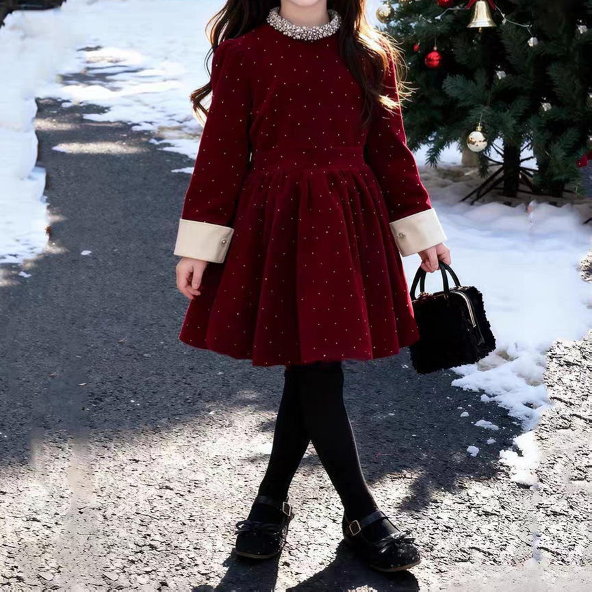 Girls' Winter Dress, Stylish Children's Trendy Brand, Thick Velvet Red Pearl Gown, Princess Dress