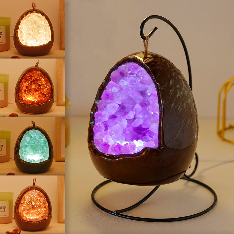 Natural Crystal Dinosaur Egg Night Light Amethyst Cave Cornucopia Halloween Led Light Home Christmas Lighting