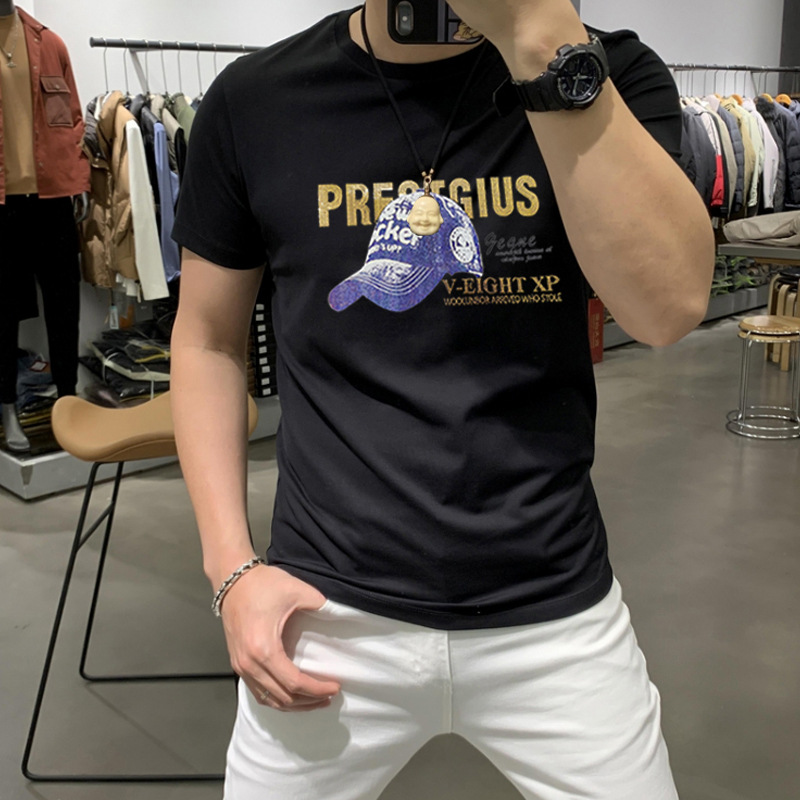 Trendy Brand 2025 Men's Short-sleeved T-shirt Summer Korean Style Middle-aged and Young People's Trendy Sequin Letters Round Neck Half-sleeved T-shirt