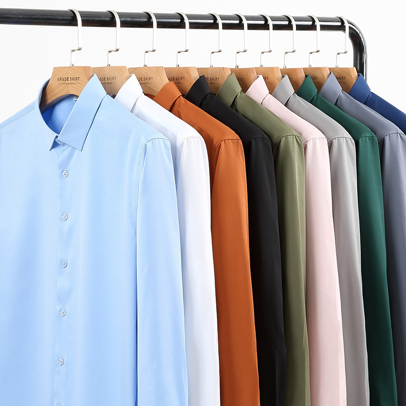 Spring and Autumn plus size Stretch Long Sleeve Shirt Business Casual Solid Color Shirt Young Men's Professional Work Wear Base Shirt