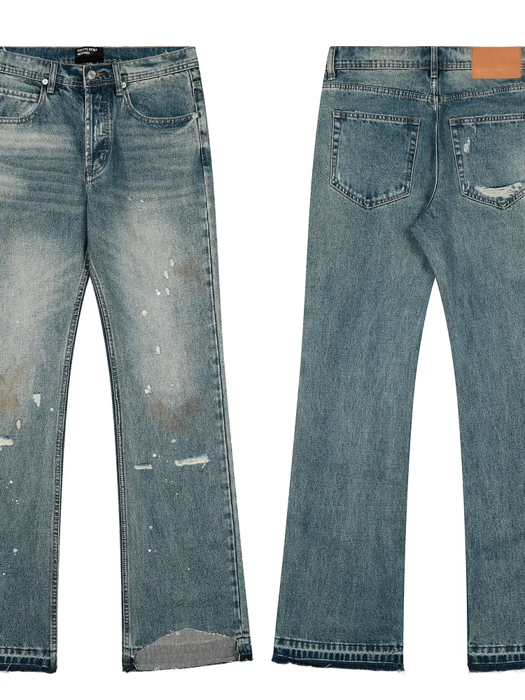 Melancholy Rich Second Generation Erd2025 Autumn New Style Washed Distressed Ripped Ink Splatter Split Flared Denim Pants